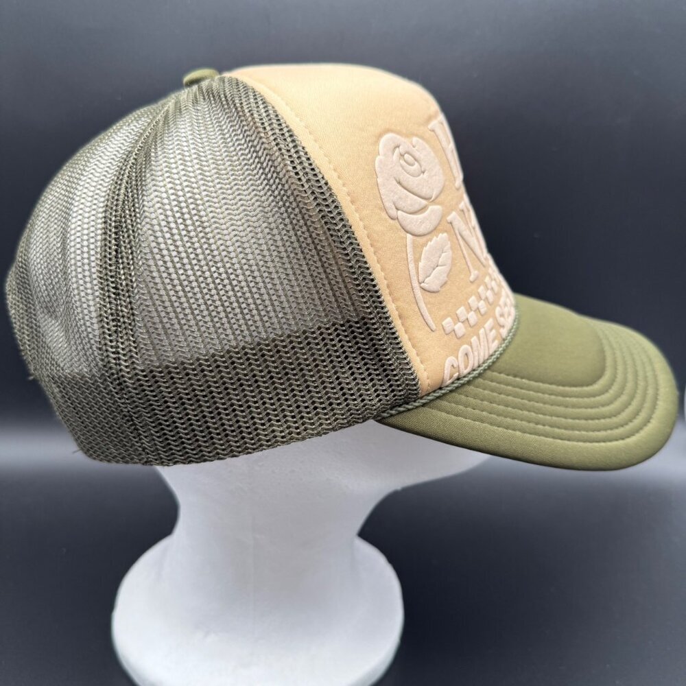 Vintage Trucker Hat Cap Mesh Snapback Rope Cord Green Tan Puffy Letters Rose - Picture 4 of 9